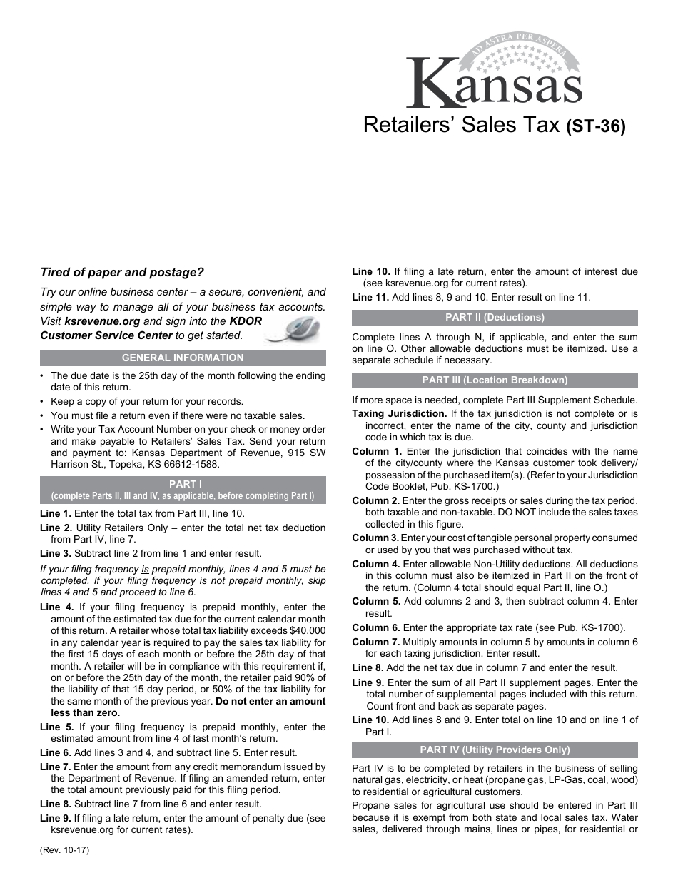 Form ST-36 Kansas Retailers' Sales Tax Return - Kansas, Page 1