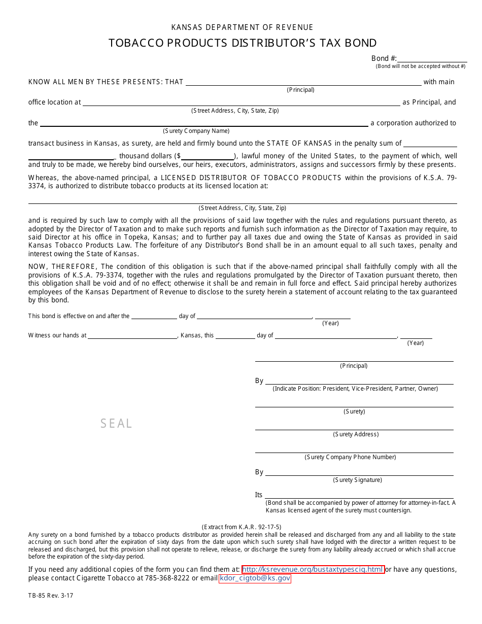 Form TB-85 Tobacco Products Distrbutior's Tax Bond - Kansas, Page 1