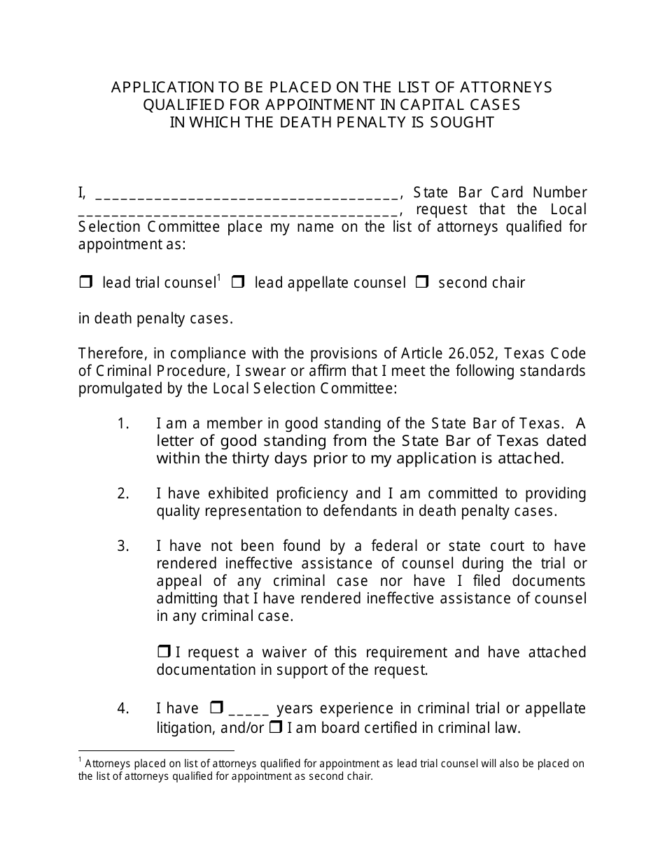 Application to Be Placed on the List of Attorneys Qualified for Appointment in Capital Cases in Which the Death Penalty Is Sought - Texas, Page 1