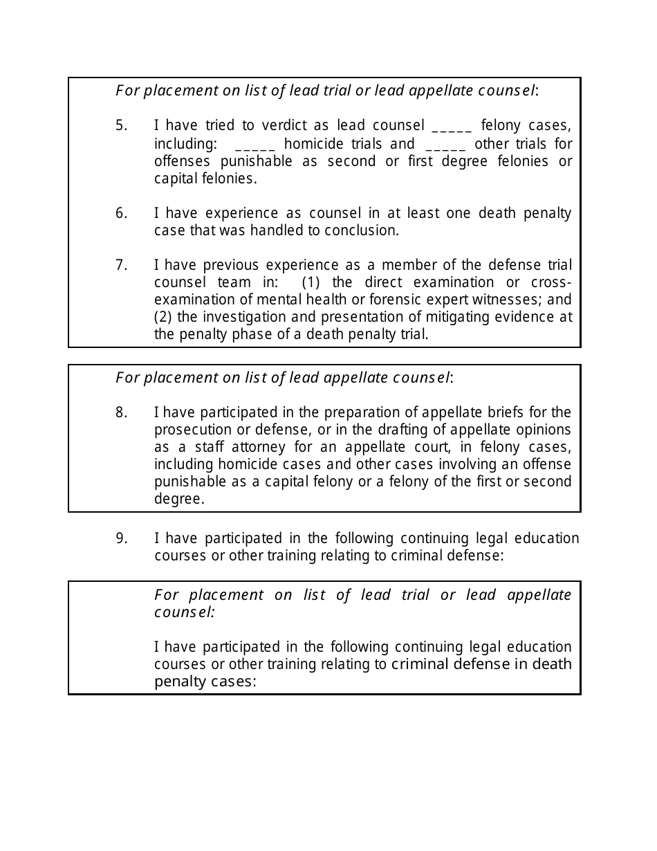 Application to Be Placed on the List of Attorneys Qualified for Appointment in Capital Cases in Which the Death Penalty Is Sought - Texas, Page 2