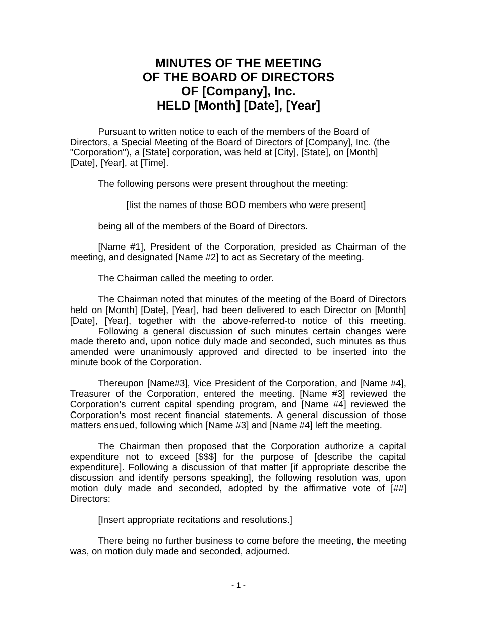 Minutes of the Meeting of the Board of Directors Template Download With Board Of Directors Meeting Minutes Template