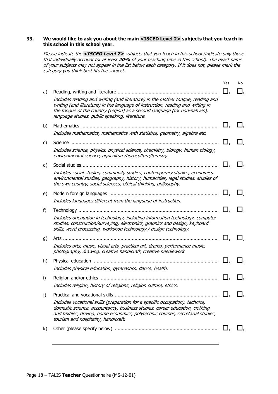 Teacher Questionnaire Template - Oecd Teaching and Learning International Survey (Talis), Page 18