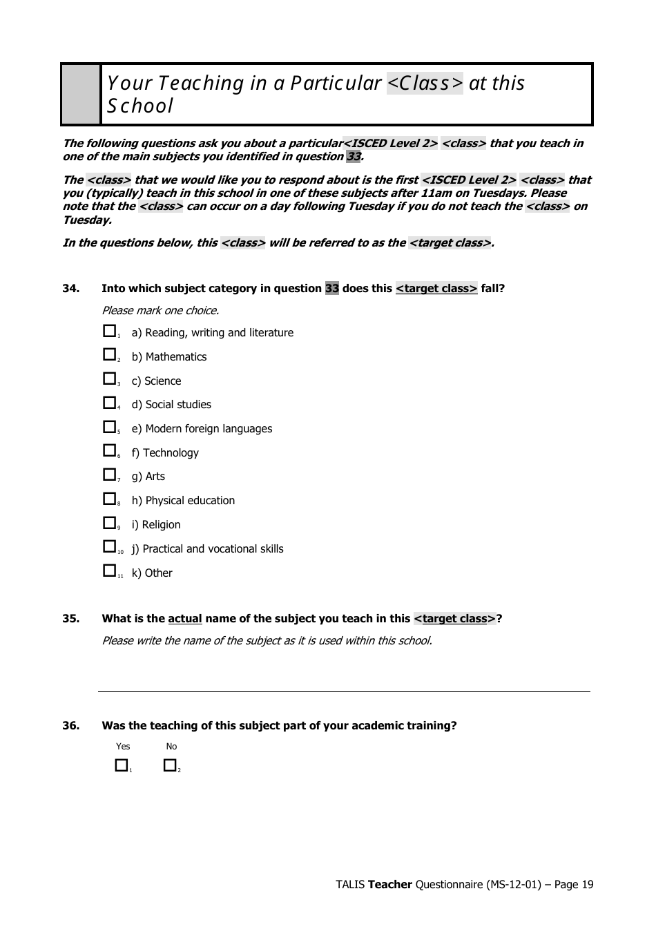 Teacher Questionnaire Template - Oecd Teaching and Learning International Survey (Talis), Page 19