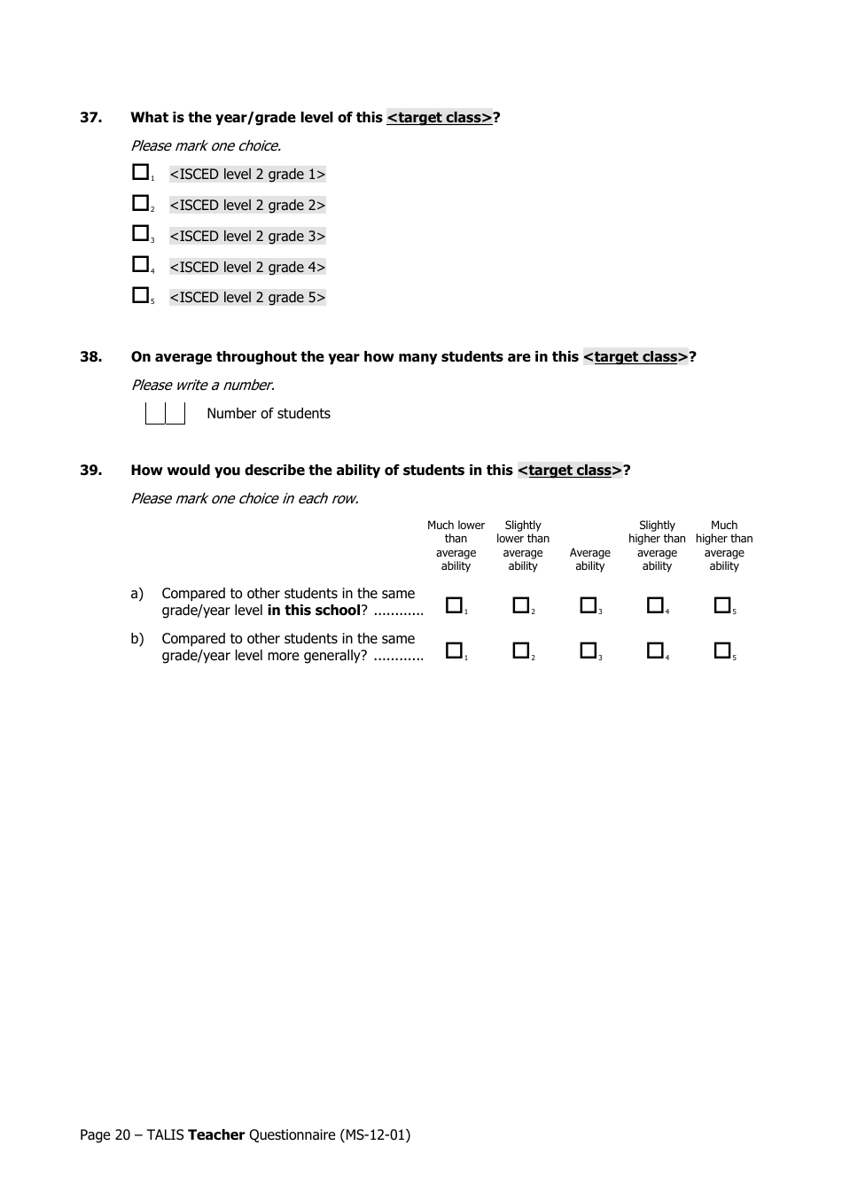 Teacher Questionnaire Template - Oecd Teaching and Learning International Survey (Talis), Page 20