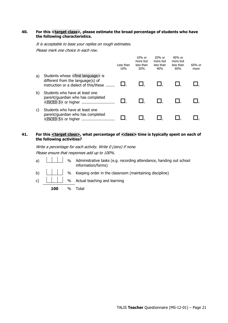 Teacher Questionnaire Template - Oecd Teaching and Learning International Survey (Talis), Page 21
