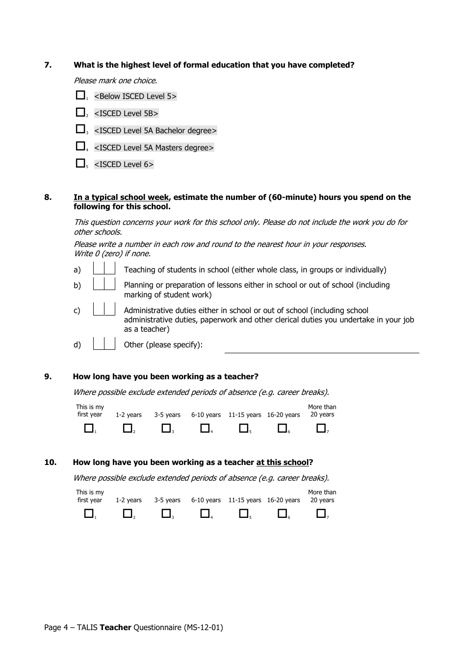 Teacher Questionnaire Template - Oecd Teaching and Learning International Survey (Talis), Page 4