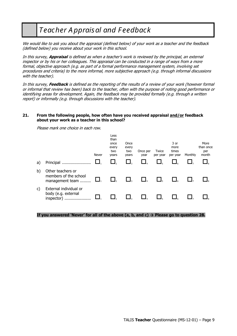 Teacher Questionnaire Template - Oecd Teaching and Learning International Survey (Talis), Page 9