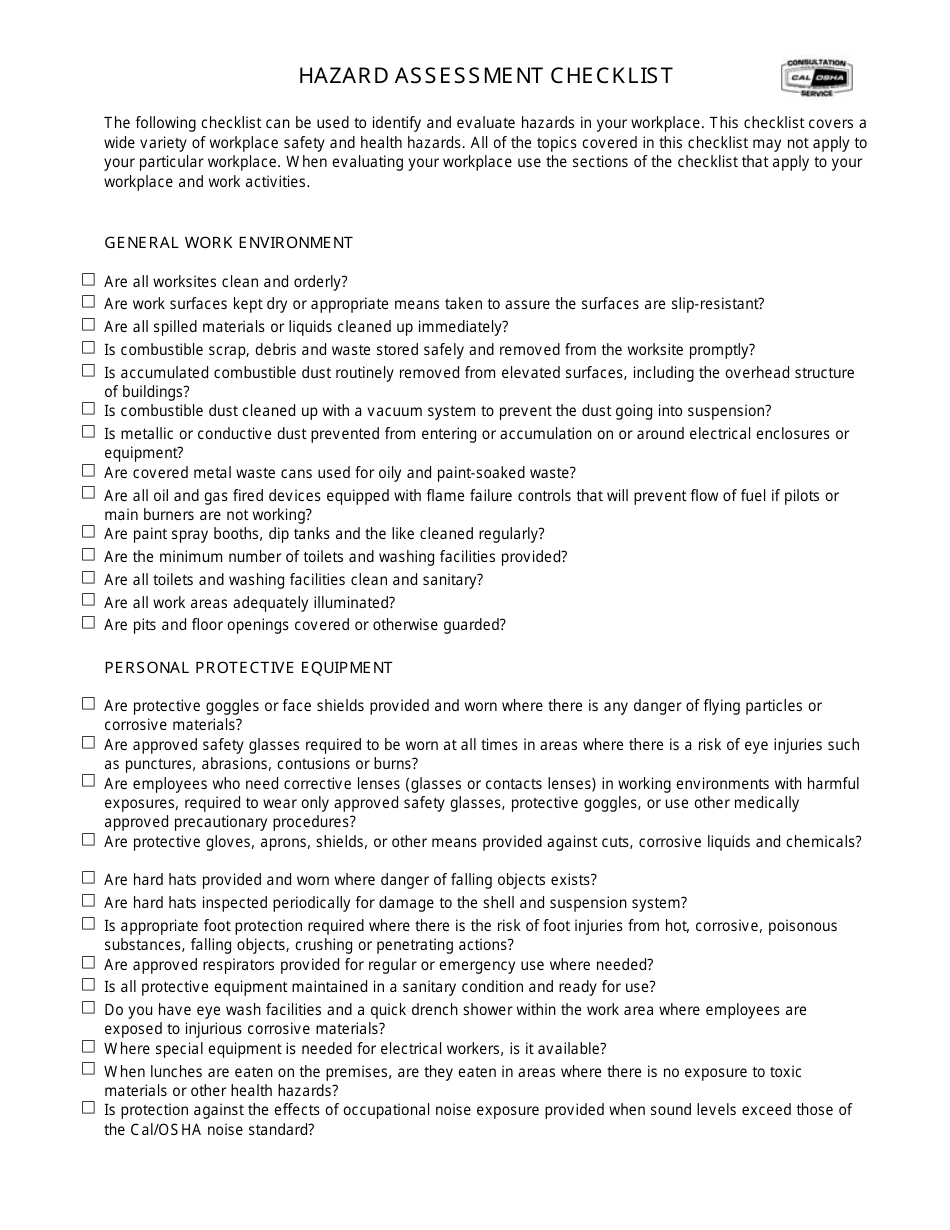 Hazard Assessment Checklist - California, Page 1