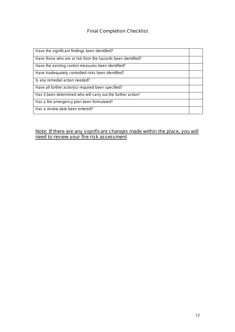Fire Risk Assessment Template - Humberside Fire and Rescue, Page 17