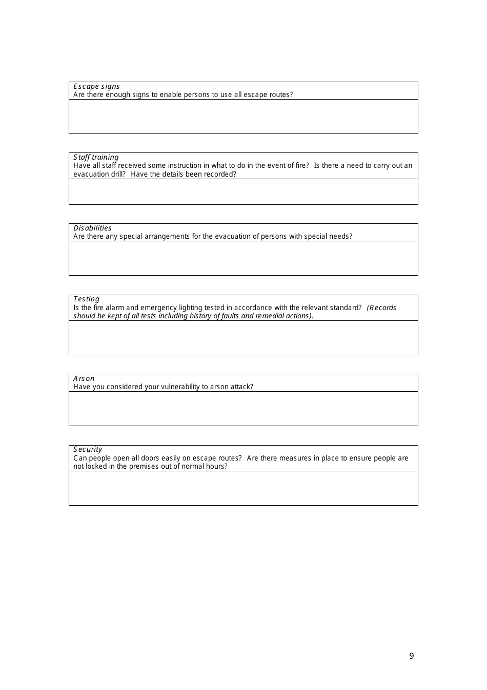 Fire Risk Assessment Template - Humberside Fire and Rescue, Page 9