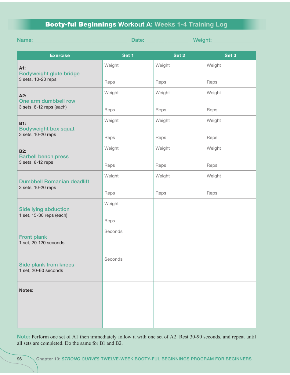 Weeks 1-12 Strong Curves Workout Training Log Template