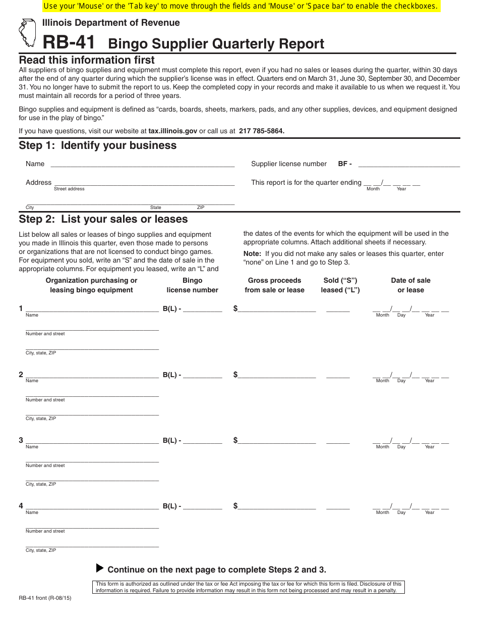Form RB-41 Bingo Supplier Quarterly Report - Illinois, Page 1