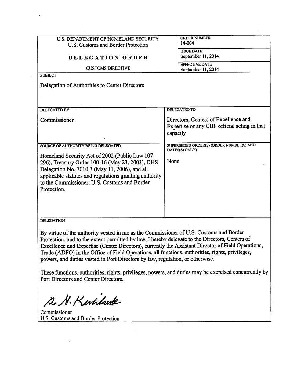 Delegation Order, Number 14-004 (Effective on September 11, 2014), Page 1