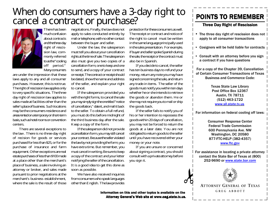 Three Day Right of Rescission: When Do Consumers Have a 3-day Right to Cancel a Contract or Purchase? (By Greg Abbott) - Texas, Page 1
