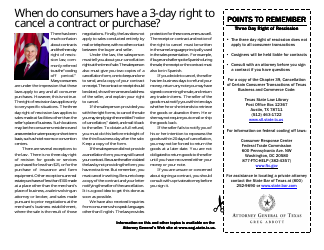Document preview: Three Day Right of Rescission: When Do Consumers Have a 3-day Right to Cancel a Contract or Purchase? (By Greg Abbott) - Texas
