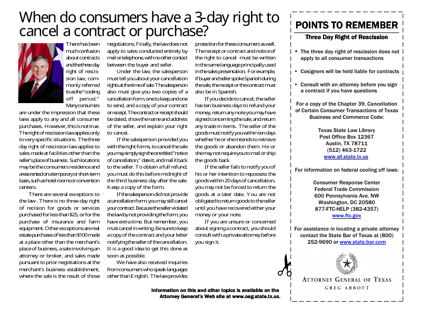 Three Day Right of Rescission: When Do Consumers Have a 3-day Right to Cancel a Contract or Purchase? (By Greg Abbott) - Texas Download Pdf