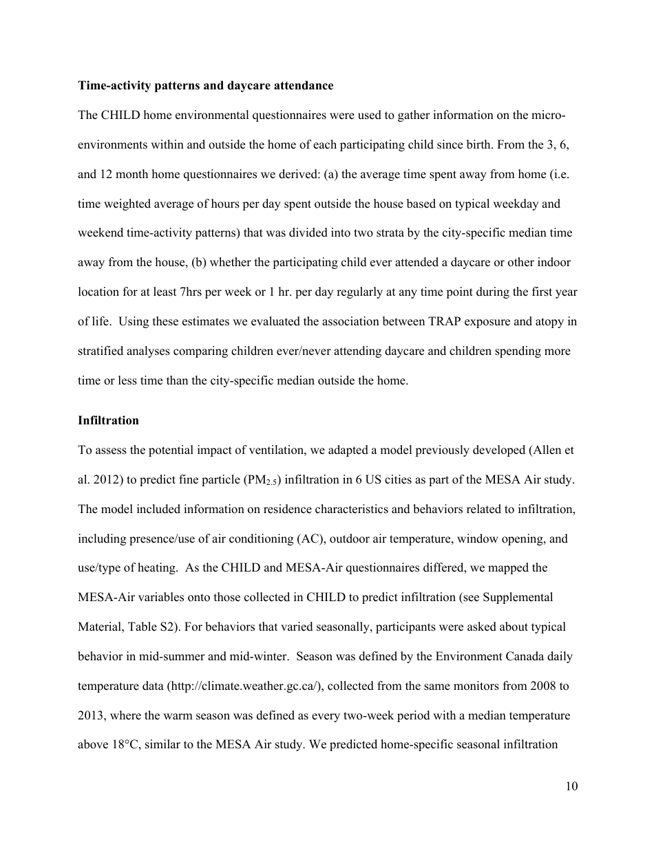 Perinatal Exposure to Traffic-Related Air Pollution and Atopy at 1 Year of Age in a Multi-Center Canadian Birth Cohort Study, Page 11