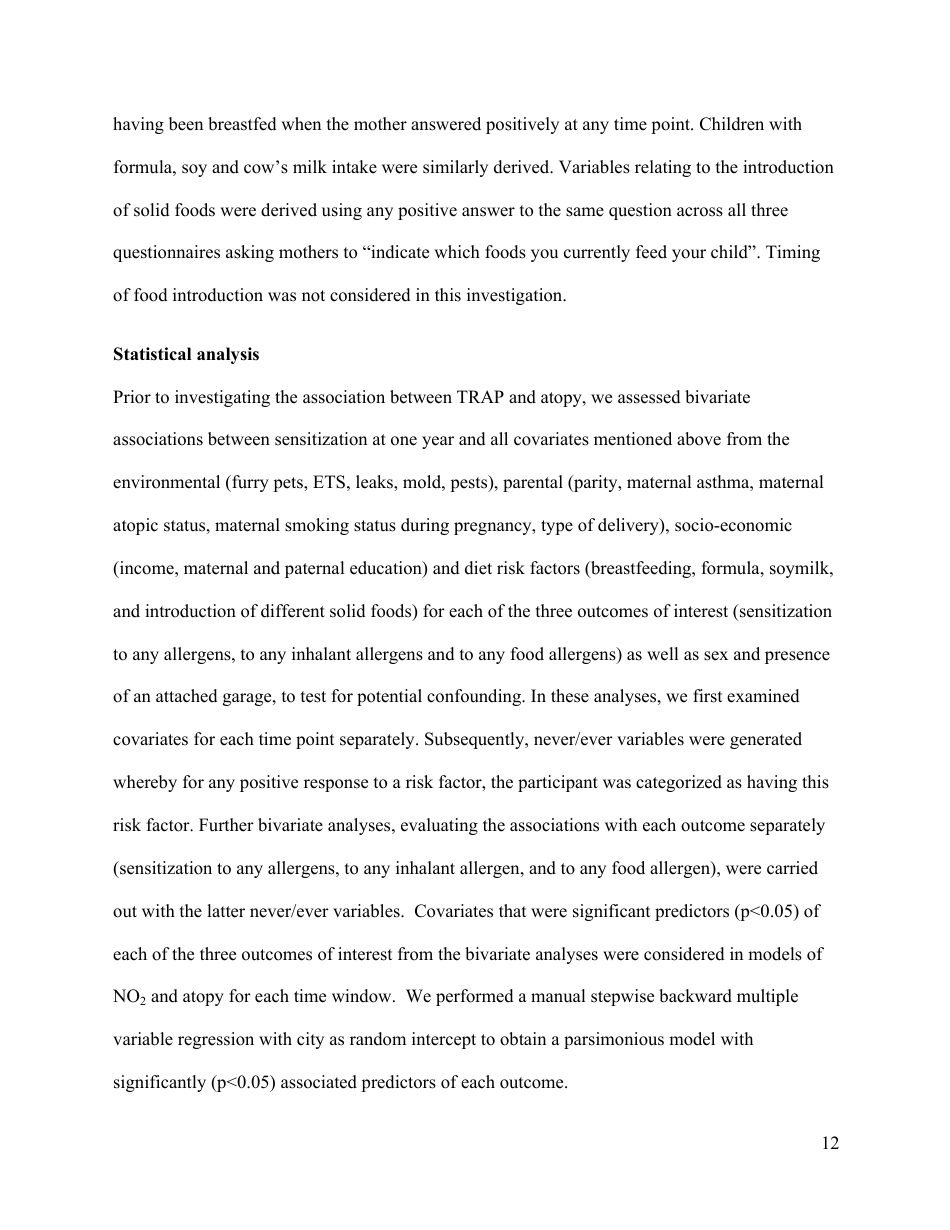 Perinatal Exposure to Traffic-Related Air Pollution and Atopy at 1 Year of Age in a Multi-Center Canadian Birth Cohort Study, Page 13