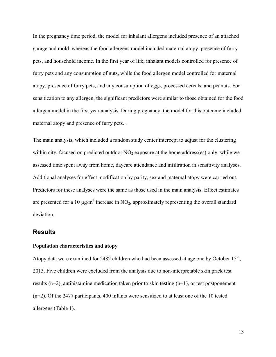 Perinatal Exposure to Traffic-Related Air Pollution and Atopy at 1 Year of Age in a Multi-Center Canadian Birth Cohort Study, Page 14