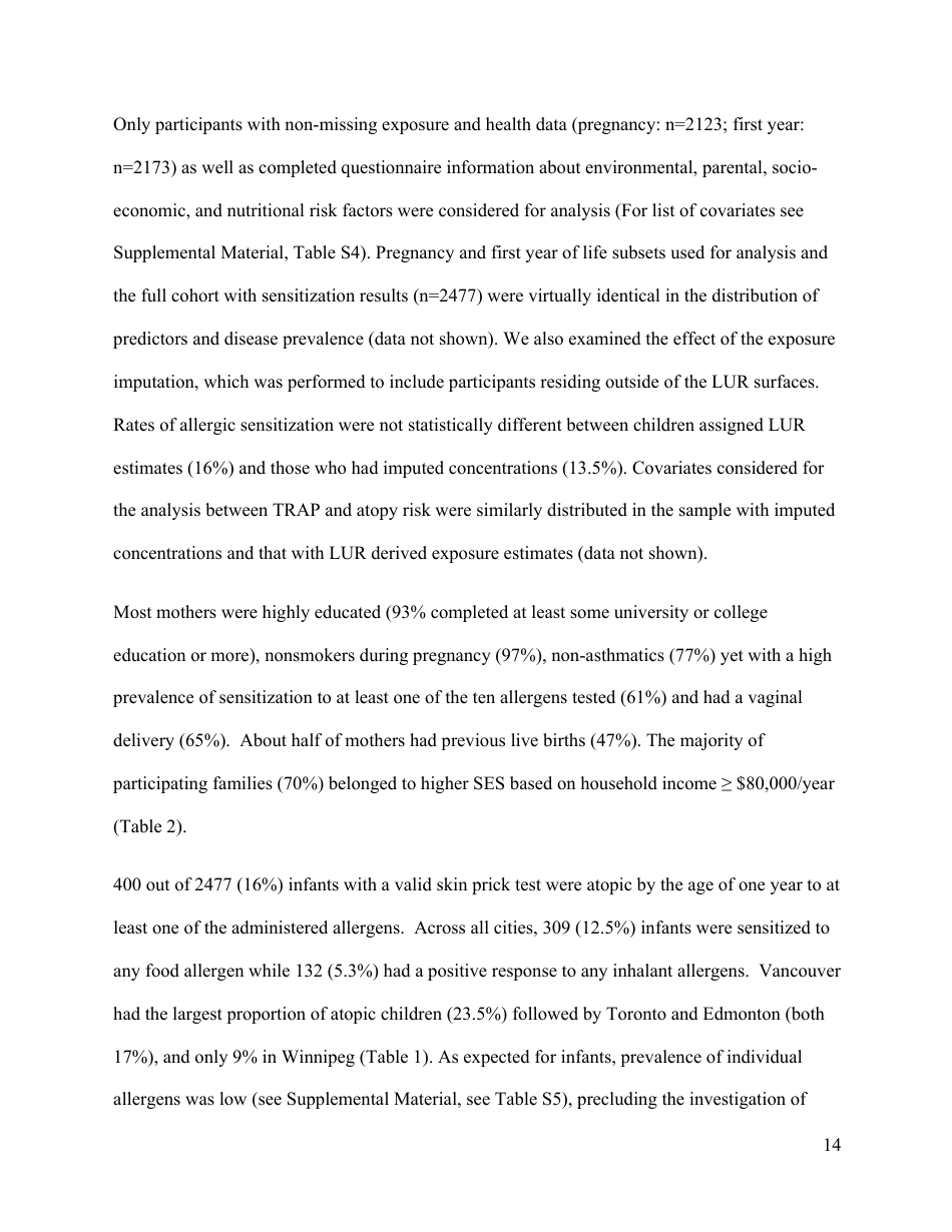 Perinatal Exposure to Traffic-Related Air Pollution and Atopy at 1 Year of Age in a Multi-Center Canadian Birth Cohort Study, Page 15