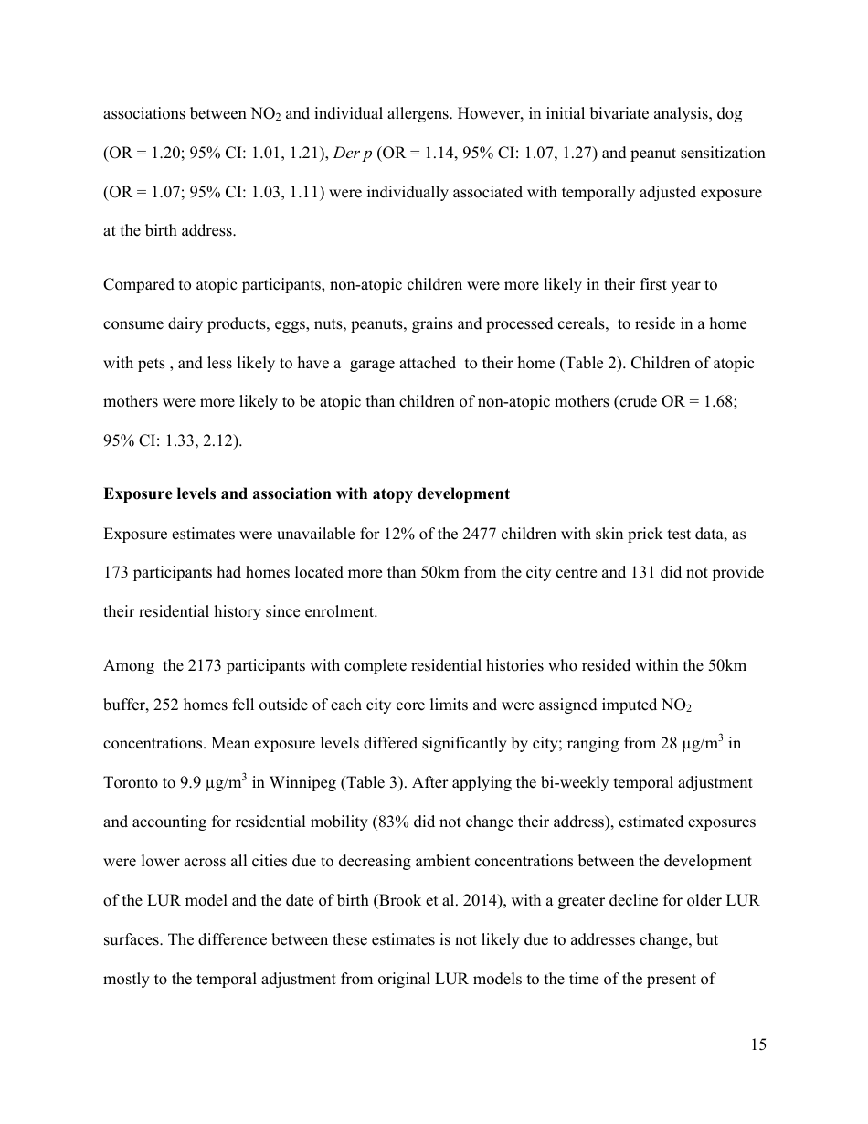 Perinatal Exposure to Traffic-Related Air Pollution and Atopy at 1 Year of Age in a Multi-Center Canadian Birth Cohort Study, Page 16