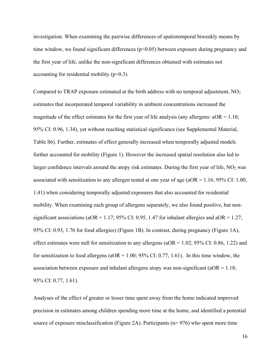 Perinatal Exposure to Traffic-Related Air Pollution and Atopy at 1 Year of Age in a Multi-Center Canadian Birth Cohort Study, Page 17