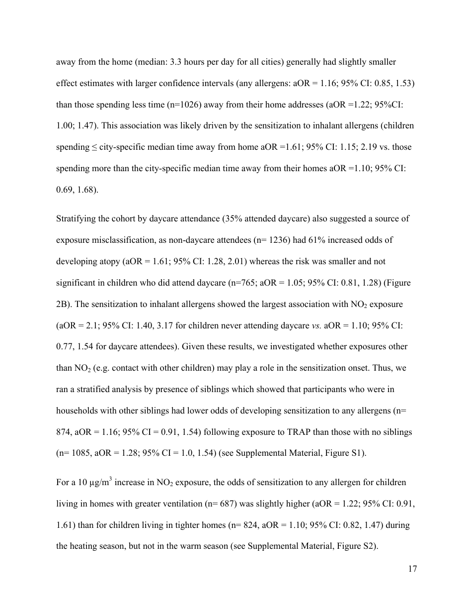 Perinatal Exposure to Traffic-Related Air Pollution and Atopy at 1 Year of Age in a Multi-Center Canadian Birth Cohort Study, Page 18