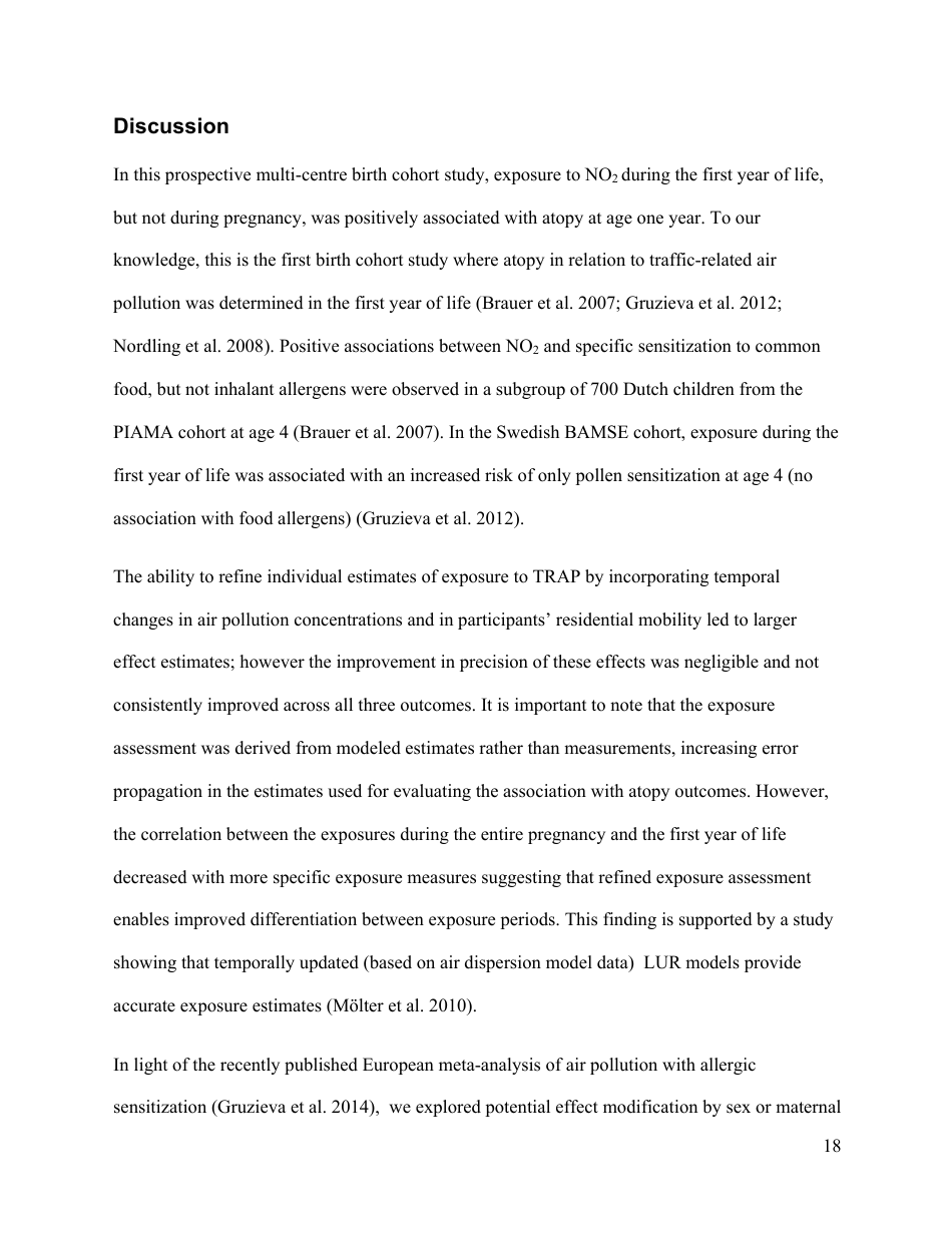 Perinatal Exposure to Traffic-Related Air Pollution and Atopy at 1 Year of Age in a Multi-Center Canadian Birth Cohort Study, Page 19