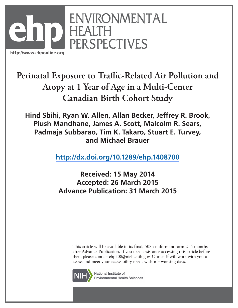 Perinatal Exposure to Traffic-Related Air Pollution and Atopy at 1 Year of Age in a Multi-Center Canadian Birth Cohort Study, Page 1