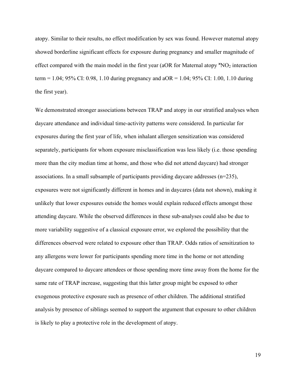 Perinatal Exposure to Traffic-Related Air Pollution and Atopy at 1 Year of Age in a Multi-Center Canadian Birth Cohort Study, Page 20