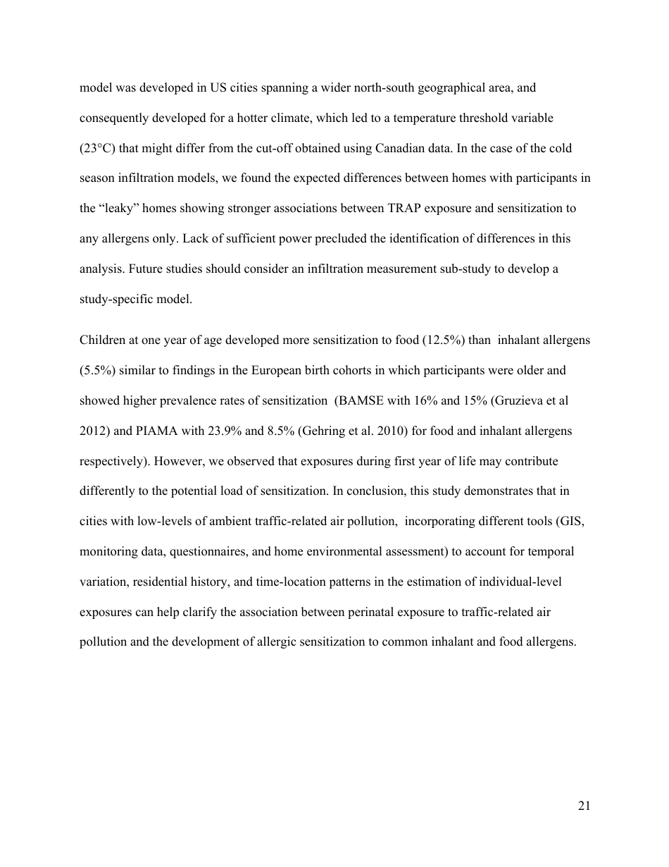 Perinatal Exposure to Traffic-Related Air Pollution and Atopy at 1 Year of Age in a Multi-Center Canadian Birth Cohort Study, Page 22