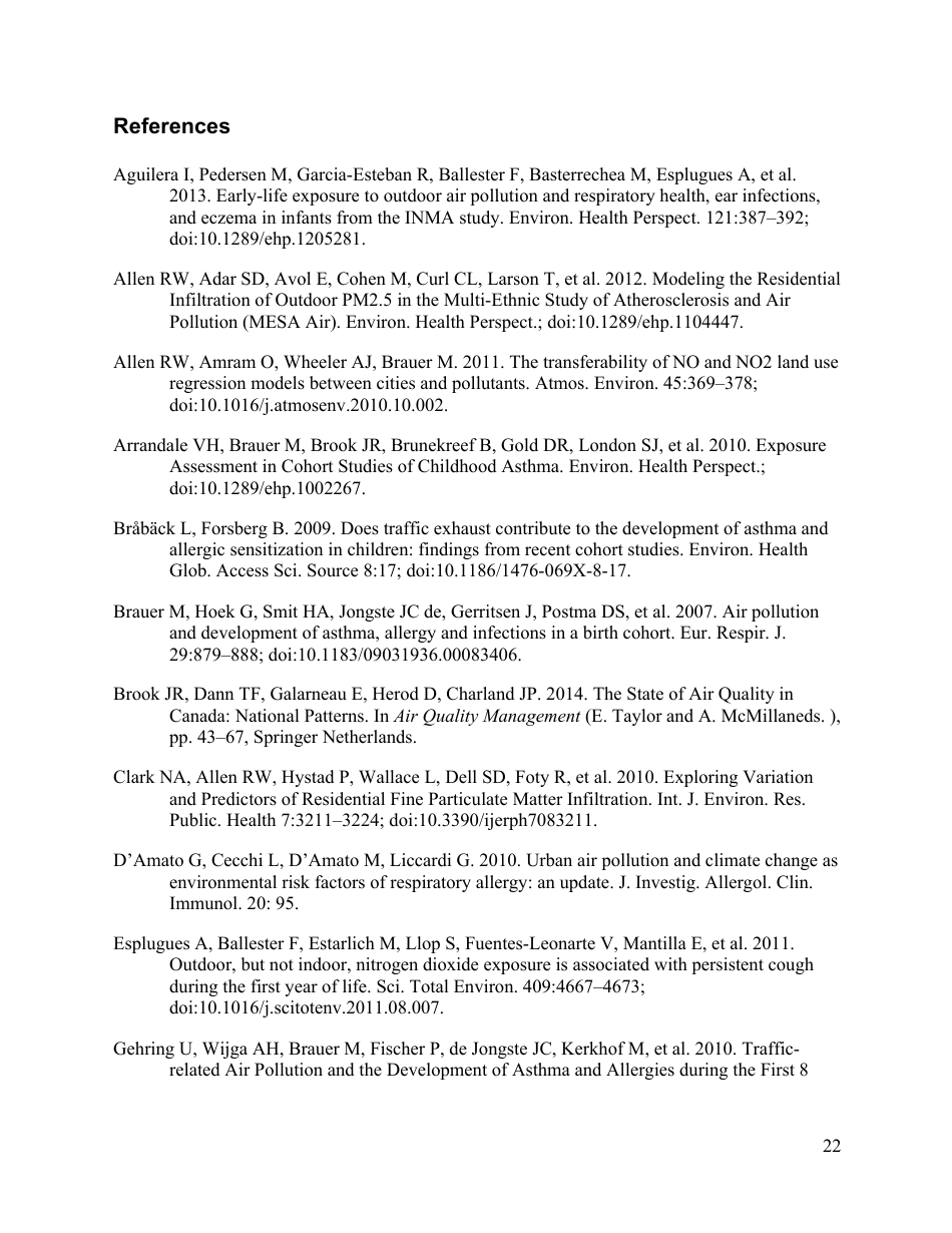Perinatal Exposure to Traffic-Related Air Pollution and Atopy at 1 Year of Age in a Multi-Center Canadian Birth Cohort Study, Page 23