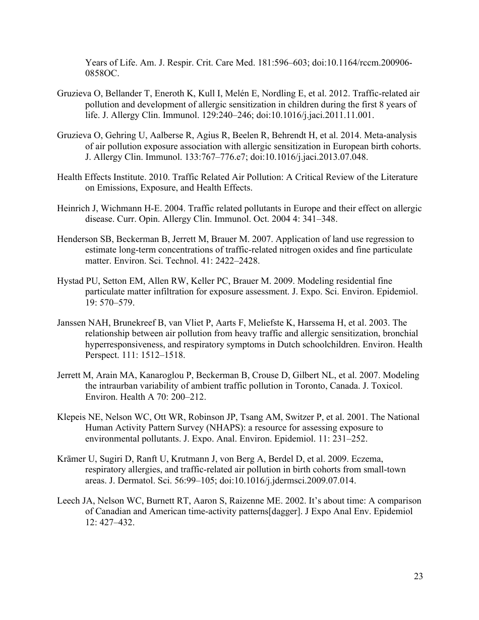 Perinatal Exposure to Traffic-Related Air Pollution and Atopy at 1 Year of Age in a Multi-Center Canadian Birth Cohort Study, Page 24
