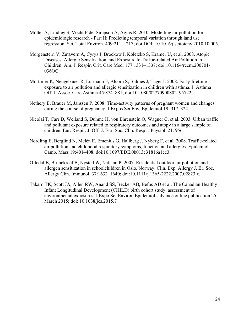 Perinatal Exposure to Traffic-Related Air Pollution and Atopy at 1 Year of Age in a Multi-Center Canadian Birth Cohort Study, Page 25