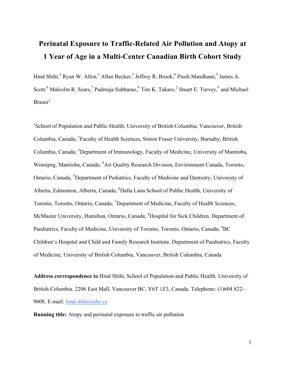 Perinatal Exposure to Traffic-Related Air Pollution and Atopy at 1 Year of Age in a Multi-Center Canadian Birth Cohort Study, Page 2