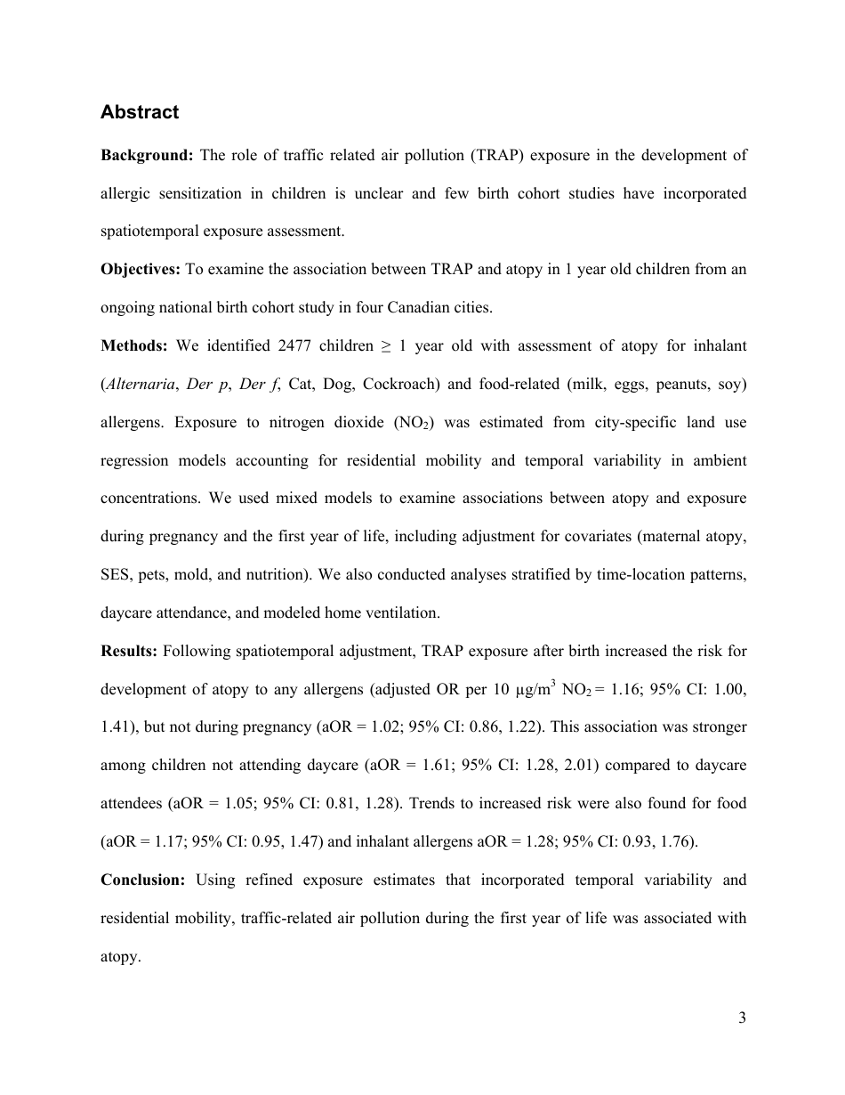Perinatal Exposure to Traffic-Related Air Pollution and Atopy at 1 Year of Age in a Multi-Center Canadian Birth Cohort Study, Page 4