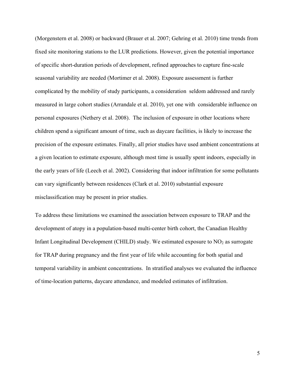 Perinatal Exposure to Traffic-Related Air Pollution and Atopy at 1 Year of Age in a Multi-Center Canadian Birth Cohort Study, Page 6