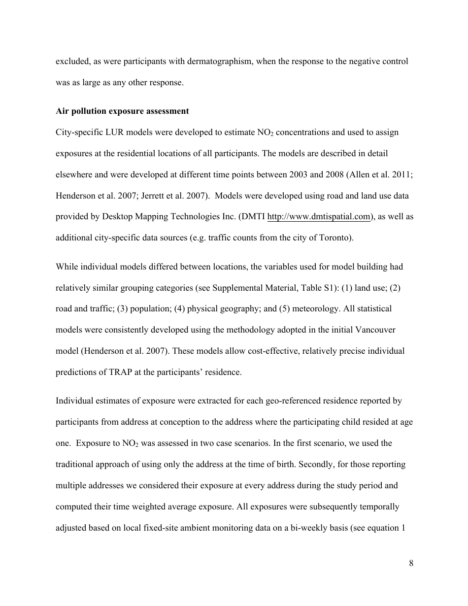 Perinatal Exposure to Traffic-Related Air Pollution and Atopy at 1 Year of Age in a Multi-Center Canadian Birth Cohort Study, Page 9