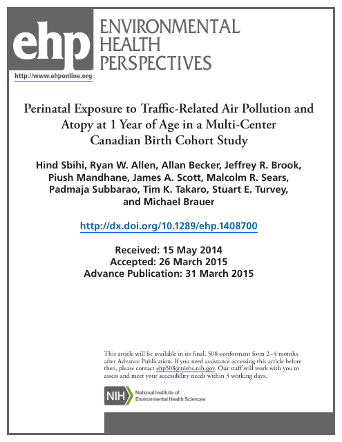 "Perinatal Exposure to Traffic-Related Air Pollution and Atopy at 1 Year of Age in a Multi-Center Canadian Birth Cohort Study" Download Pdf