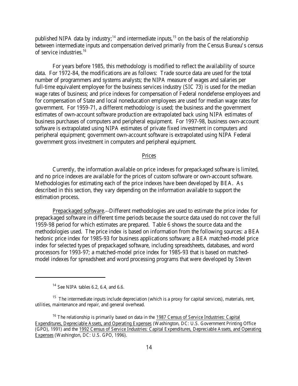 Recognition of Business and Government Expenditures for Software as Investment: Methodology and Quantitative Impacts, 1959-98, Page 14