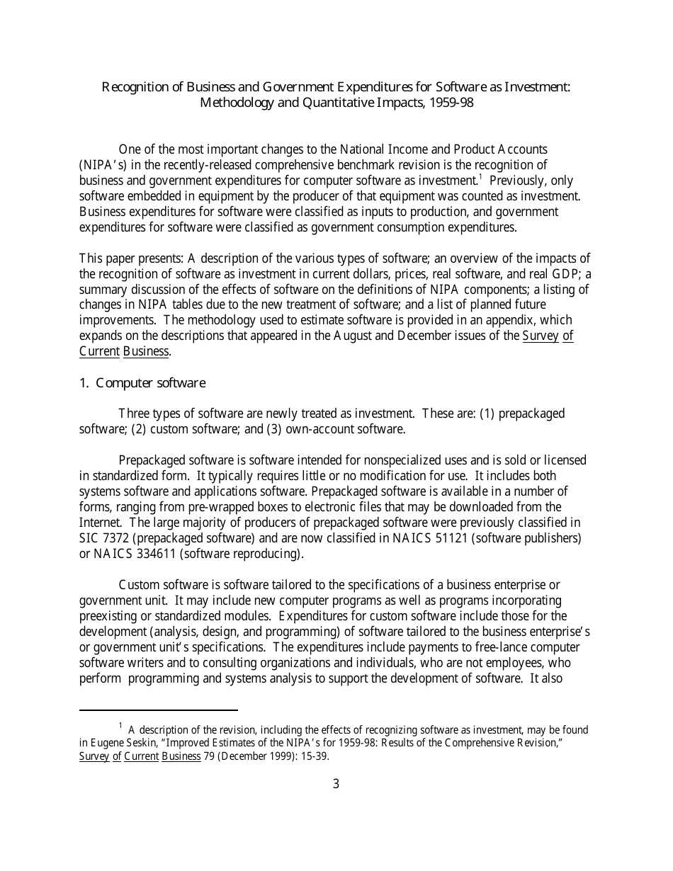 Recognition of Business and Government Expenditures for Software as Investment: Methodology and Quantitative Impacts, 1959-98, Page 3