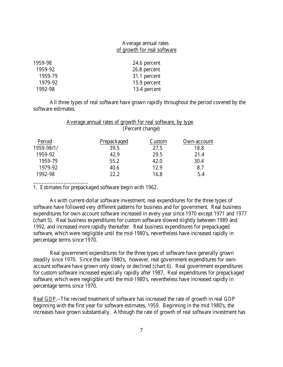 Recognition of Business and Government Expenditures for Software as Investment: Methodology and Quantitative Impacts, 1959-98, Page 7