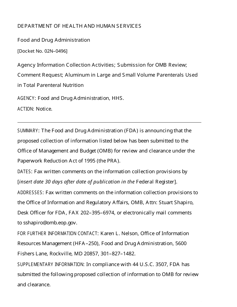 Agency Information Collection Activities; Submission for Office of Management and Budget Review; Comment Request; Aluminum in Large and Small Volume Parenterals Used in Total Parenteral Nutrition, Page 1