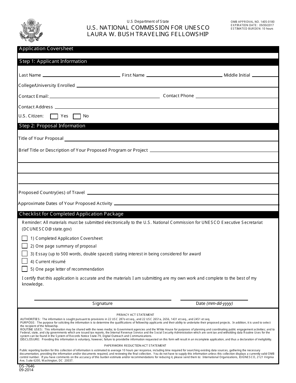 Form DS-7646 U.S. National Commission for Unesco Laura W. Bush Traveling Fellowship, Page 1
