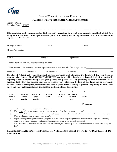 Form PER-2 Administrative Assistant Manager's Form - Connecticut