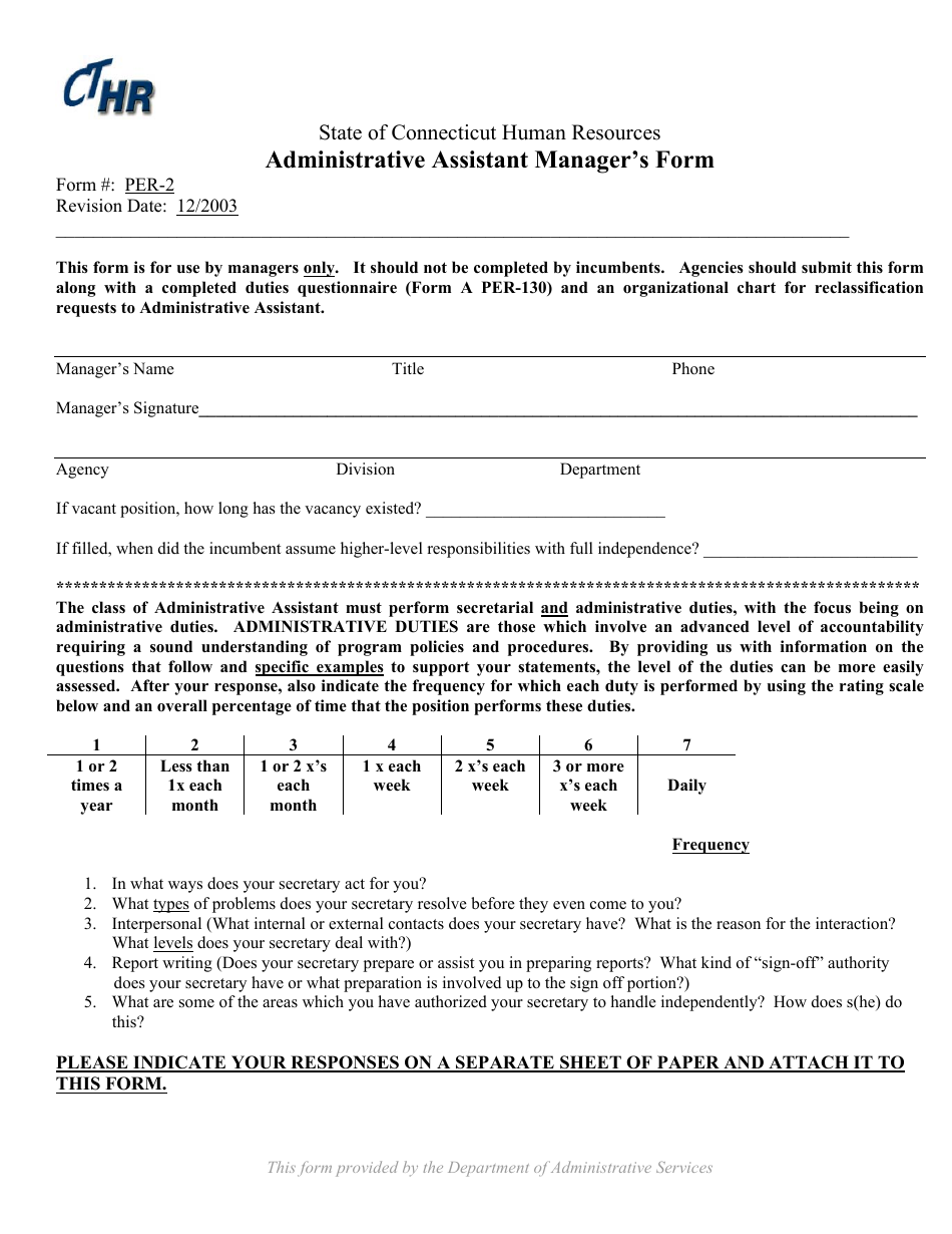 Form PER-2 Administrative Assistant Managers Form - Connecticut, Page 1