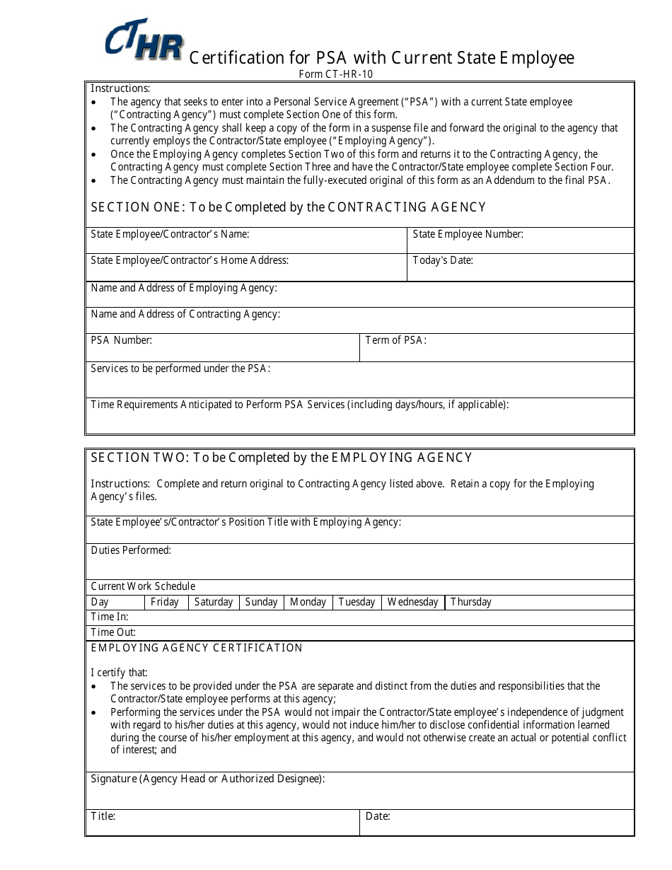 Form CT-HR-10 Certification for Psa With Current State Employee - Connecticut, Page 1