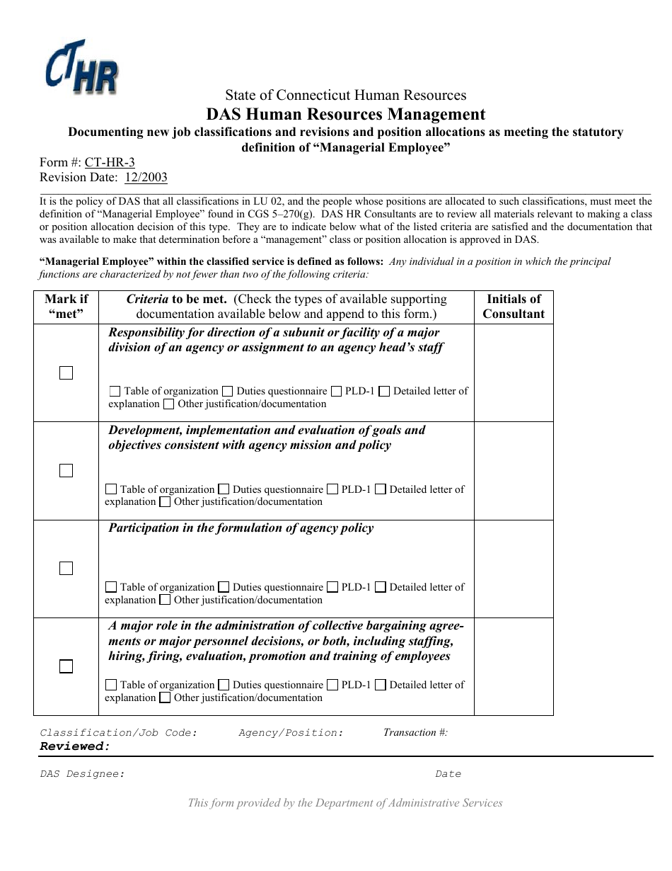 Form CT-HR-3 Managerial Employee - Verification of Statutory Definition - Connecticut, Page 1