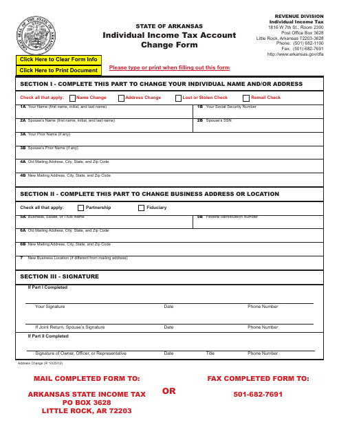 Individual Income Tax Name and Address Change Form - Arkansas