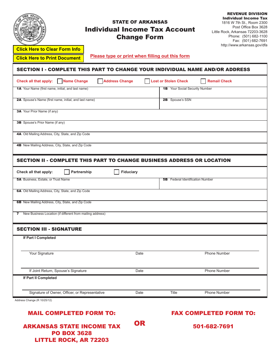 Individual Income Tax Name and Address Change Form - Arkansas, Page 1